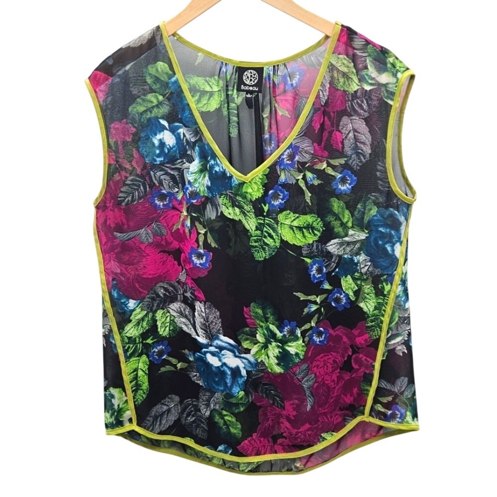 Bobeau Floral V-Neck Sleeveless Blouse Black Pink Blue Lime Green Trim Large L
